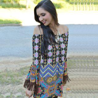 Fringed Patterned Off-shoulder Dress
