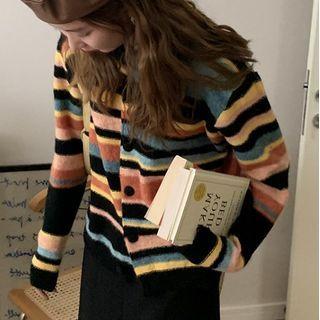 Rainbow Striped Cardigan Black & Yellow - One Size