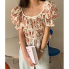 Puff-sleeve Floral Print Blouse Pink Floral - White - One Size