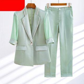 Elbow-sleeve Rhinestone Blazer / Straight Leg Pants / Set