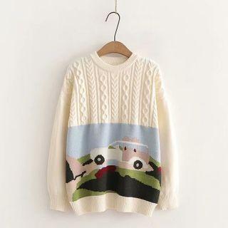 Car Jacquard Cable Knit Sweater Off-white & Blue & Brown - One Size
