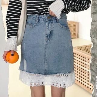 Crochet Lace Panel Denim Skirt