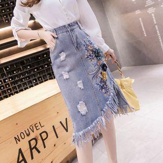 Fringed Distressed Denim Pencil Skirt