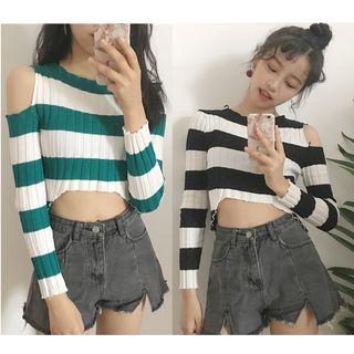 Cutout Striped Cropped Long-sleeve Knit Top