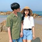 Couple Notched-collar Colored Linen Blend Shirt