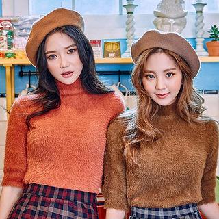 Mock-neck Elbow-sleeve Furry-knit Top