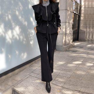 Set: Ruffled Drawstring-waist Jacket + Boot-cut Pants
