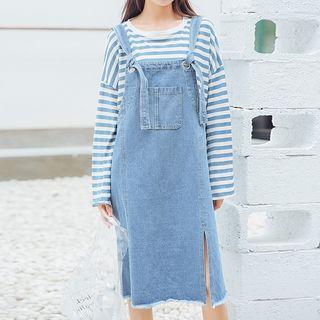 Front-slit Midi Denim Pinafore Dress