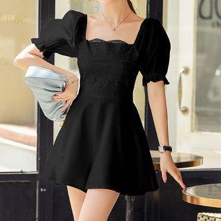 Square-neck Lace Panel Wide-leg Romper