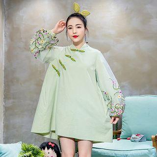 Embroidered Long-sleeve Panel A-line Dress