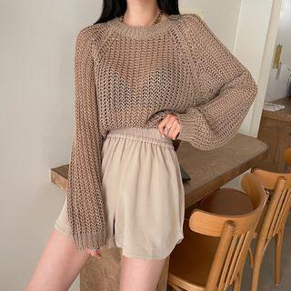 Raglan Cropped Open-knit Sweater