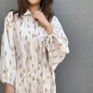 Floral Print Long-sleeve Pintuck Chiffon Dress