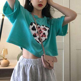 Short Sleeve Heart Print Crop T-shirt