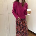 Long-sleeve Frill Trim Argyle Sweater / High-waist Floral Skirt