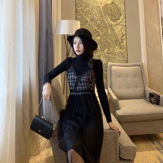 Mock-turtleneck Knit Top / Mesh Panel Spaghetti-strap Dress
