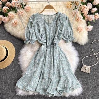 Ruffle Floral Puff-sleeve Chiffon Dress