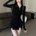 Mock-neck Plain Zip Skinny Split Mini Dress