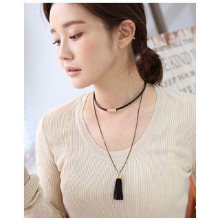 Set: Faux-leather Choker + Tasseled Chain Necklace
