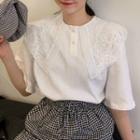 Lace Collar Elbow-sleeve Blouse White - One Size
