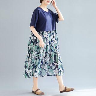 Mock Two-piece Short-sleeve Midi Floral Panel Dress Blue - One Size