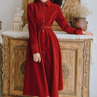 Belted Midi A-line Velvet Shirtdress