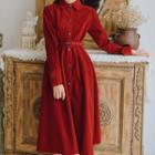 Belted Midi A-line Velvet Shirtdress