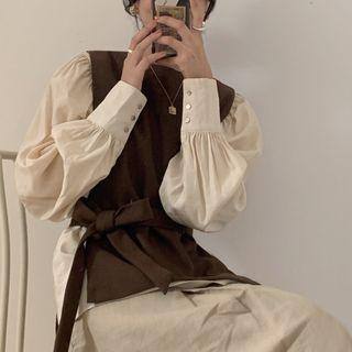 Set: Long-sleeve Blouse + Tie-waist Vest Set - Almond Blouse & Vest - Coffee - One Size