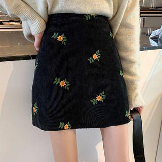 Embroidered Corduroy Mini Fitted Skirt