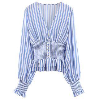 Long-sleeve Striped Frill Trim Buttoned Top
