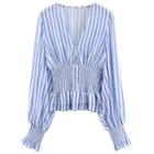 Long-sleeve Striped Frill Trim Buttoned Top