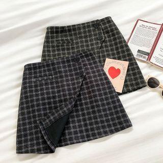 Asymmetric Color-block Plaid High-waist Woolen A-line Skirt