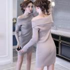 Long-sleeve Off-shoulder Buttoned Mini Knit Dress