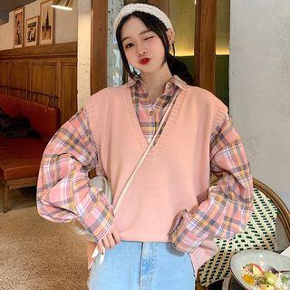 Mock Two-piece Plaid Oversize Shirt