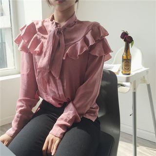 Long Sleeve Tie-neck Ruffled Blouse