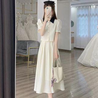 Set: Puff-sleeve Two-tone Blouse + Midi A-line Skirt