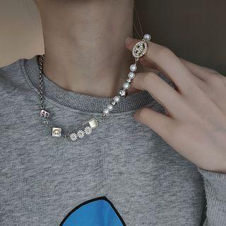 Smiley Rhinestone Faux Pearl Alloy Necklace 1 Pc - Silver - One Size