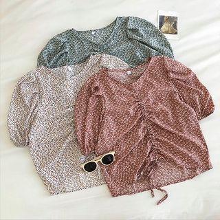 Floral V-neck Frilled Puff-sleeve Blouse