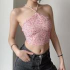 Faux Pearl Halter-neck Floral Cropped Camisole Top