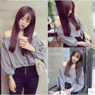Off-shoulder Gingham Blouse