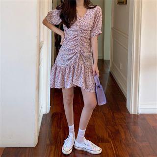 Flower Print Short-sleeve Drawstring Shift Dress