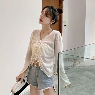 V-neck Shirred Sheer Knit Top