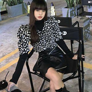 Leopard Print Short-sleeve Blouse / Plain Long-sleeve Mock-neck Top / Faux-leather Skirt