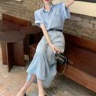 Short-sleeve Denim Shirt / Midi A-line Denim Skirt