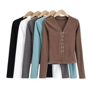Long-sleeve Metal-closure Knit Top