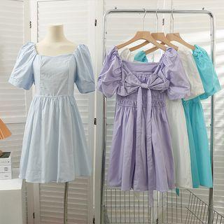 Ribbon-back Square-neck Mini Dress In 6 Colors