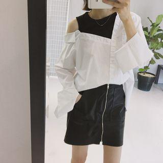 Mock Two-piece Long-sleeve Open Shoulder Top