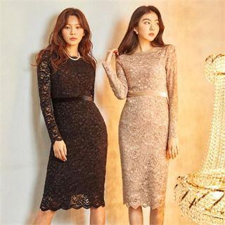Boatneck Long-sleeve Lace Sheath Dress