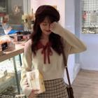 Two-tone Collared Long-sleeve Knit Top