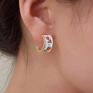 Flower Alloy Open Hoop Earring 1 Pair - White & Gold - One Size