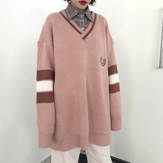 Color-block V-neck Long-sleeve Loose-fit Sweater